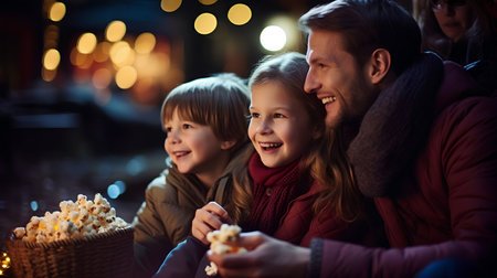 happy family with popcorn at christmas market in city at winter nightの素材