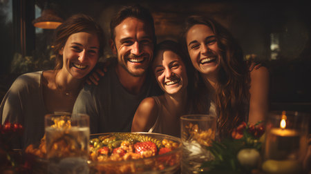 Group of friends having a dinner together in a restaurant, smiling.の素材