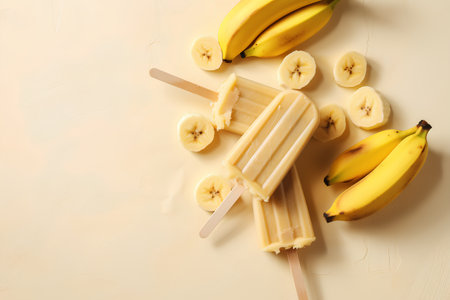 Banana popsicles on yellow background. Top view, flat layの素材