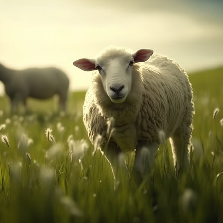 Sheep in the meadow at sunset. Shallow DOFの素材