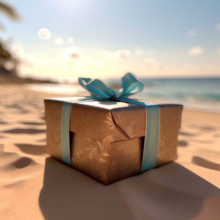 Gift box on the sand with sea background. 3d renderの素材