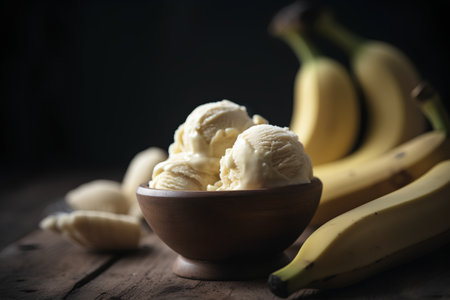 Vanilla ice cream in a wooden bowl with fresh bananas on wooden backgroundの素材
