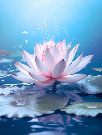 Beautiful pink lotus flower on blue water background with bubbles.の素材