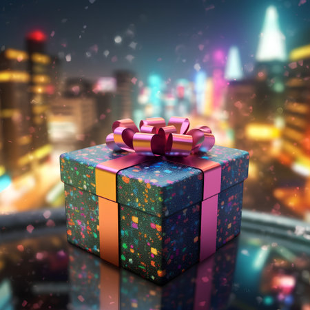 Gift box with ribbon and bow on bokeh city backgroundの素材