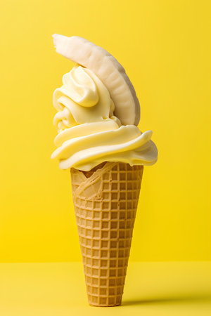 Vanilla ice cream in waffle cone on yellow background. Minimal summer concept.の素材
