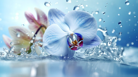 Blue orchid and water splash on blue background. 3d illustrationの素材