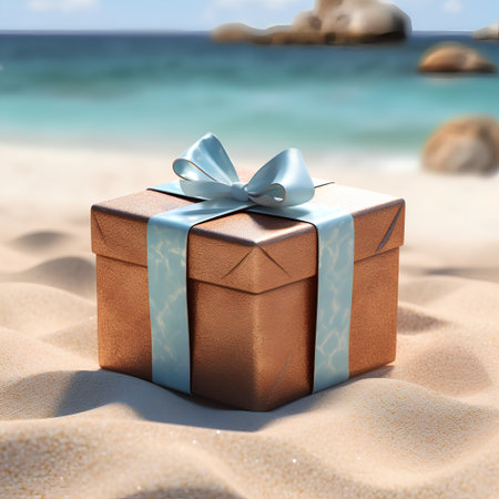 Gift box on the beach. 3D illustration. Background.の素材