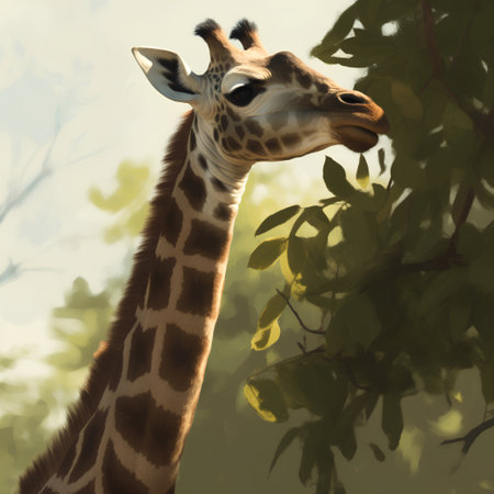Giraffe in the shade of a tree with a green backgroundの素材