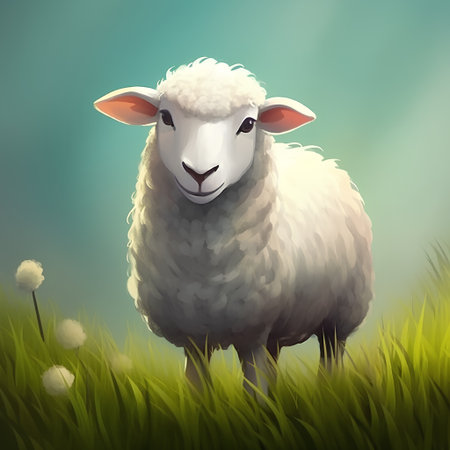 Sheep in the meadow with dandelions, vector illustrationの素材
