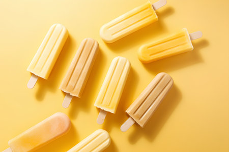 Yellow popsicles on yellow background. Top view, flat lay.の素材