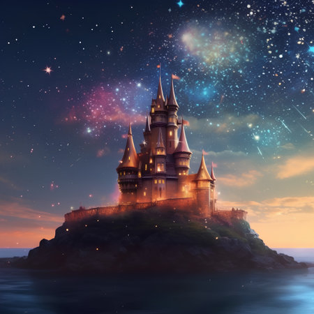 Magic castle on the rock over the sea at night. Fantasy landscapeの素材