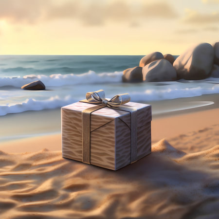 Gift box on the beach at sunset. 3D illustration.の素材