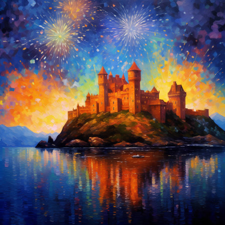 Digital painting of the medieval castle on the island and fireworks in the skyの素材