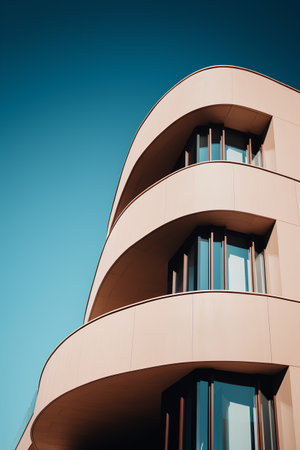 Modern apartment buildings on a sunny day with a blue sky. Facade of a modern apartment buildingの素材