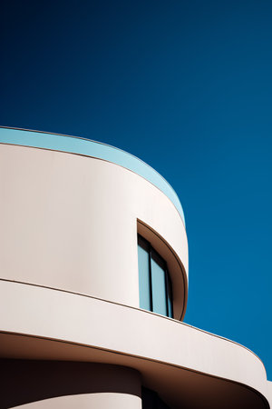 Abstract fragment of modern architecture, walls made of glass and concrete, blue sky backgroundの素材