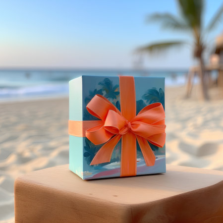 Gift box with a bow on the beach. 3d renderの素材