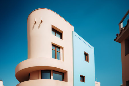 Modern apartment building exterior with blue sky background. 3d render illustrationの素材
