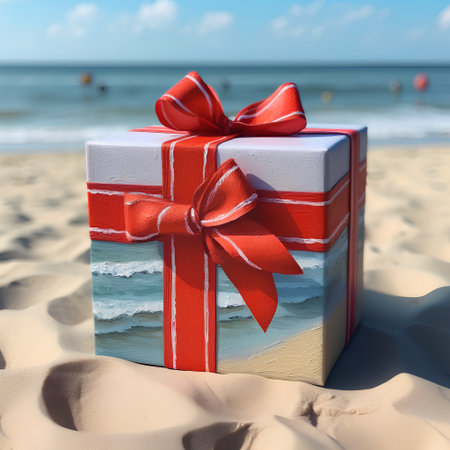 Gift box with red ribbon on the beach. Summer holidays concept.の素材