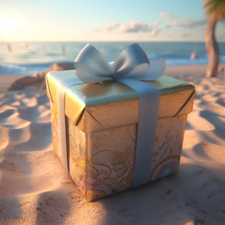 Gift box on the beach at sunset. 3D rendering.の素材