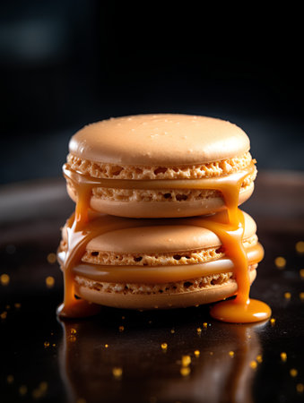 Macaroons with caramel sauce on a black background. Selective focus.の素材