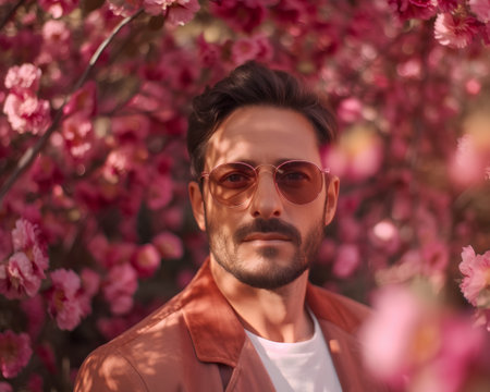 Portrait of a handsome young man in sunglasses on the background of blooming sakura.の素材