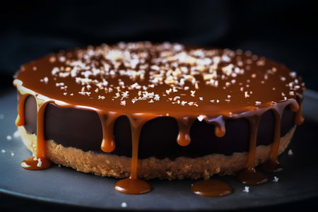 Delicious chocolate cake with caramel sauce on dark background, closeupの素材