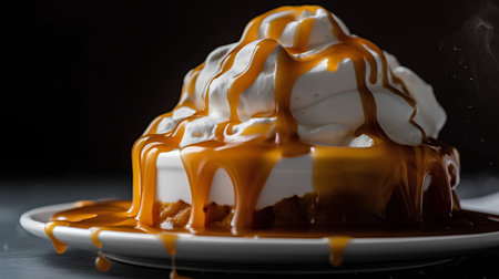Caramel pudding with whipped cream and caramel sauce on a dark backgroundの素材