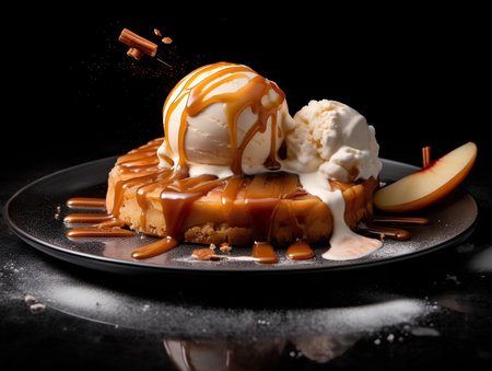 Caramel cake with ice cream and caramel sauce on a black backgroundの素材