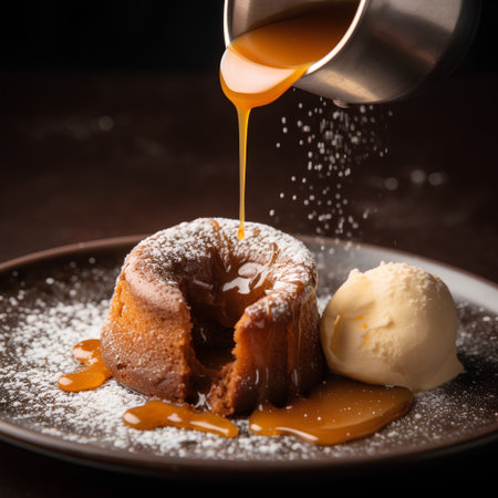 Chocolate bundt cake with ice cream and caramel sauce on wooden backgroundの素材