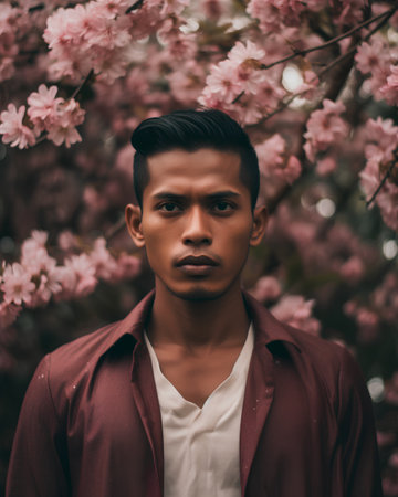 Portrait of a handsome young asian man in a red jacket on a background of pink cherry blossomsの素材