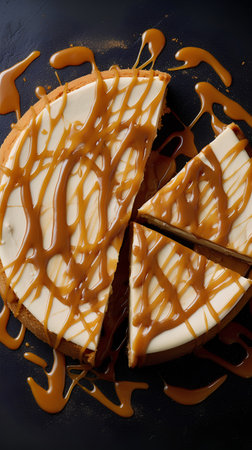 Cheesecake with caramel on a black background. Top view.の素材