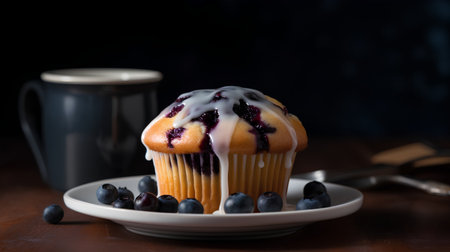 Blueberry muffin with icing on a wooden table. Selective focus.の素材