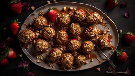 Cake pops with caramel glaze, strawberries and nuts on a dark backgroundの素材
