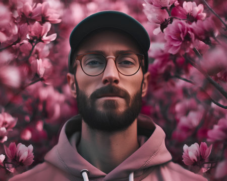 Portrait of a bearded man in glasses and a cap on the background of a blossoming treeの素材