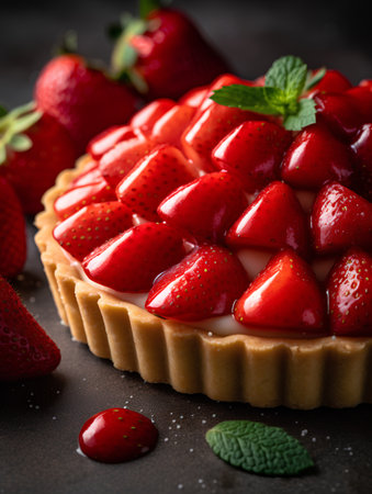 Strawberry tart with whipped cream and fresh strawberries on dark backgroundの素材