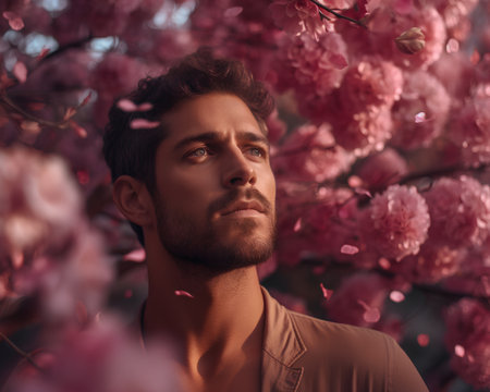 Portrait of a handsome young man standing near a blooming tree.の素材