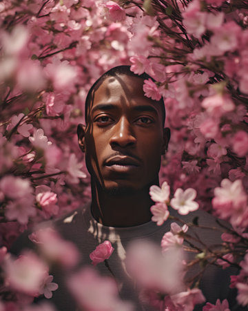 Portrait of a young African-American man in a blossom garden.の素材
