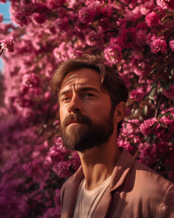 Portrait of a man with a beard in a pink blossom gardenの素材