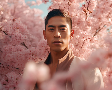 Portrait of a handsome asian man in a blossom gardenの素材