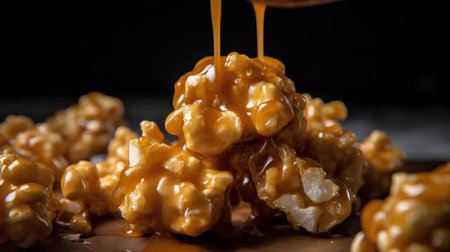 Caramelized popcorn with caramel on a black background, selective focus.の素材