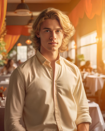 Portrait of a handsome young man in a restaurant. Men's beauty, fashion.の素材