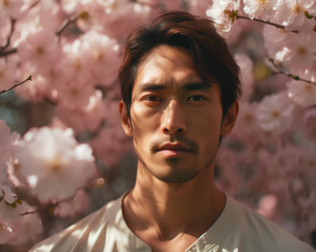 Portrait of handsome asian man with sakura blossom backgroundの素材