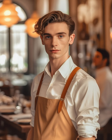 Portrait of a handsome young man in apron. Restaurant.の素材