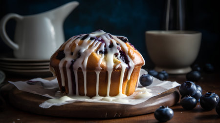Homemade blueberry muffin with sugar glaze on wooden boardの素材