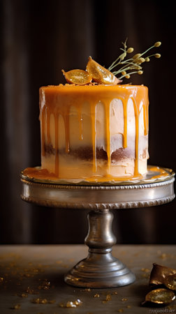 Homemade caramel cake on a dark background. Selective focus.の素材