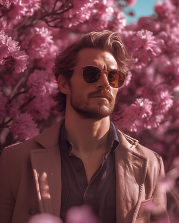 Portrait of a handsome young man in sunglasses and a beige jacket on a background of blooming pink cherry trees. Spring fashion.の素材