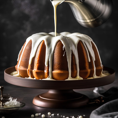 Cake with white glaze on a dark background. Selective focus.の素材