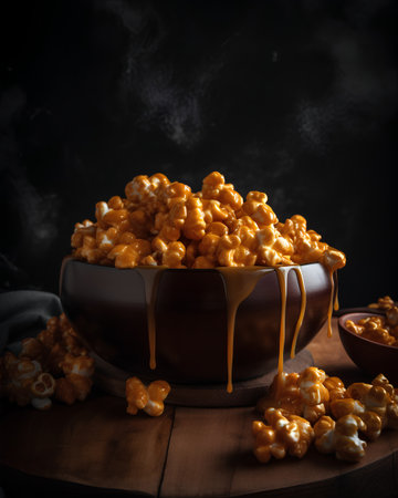 Bowl of popcorn with caramel on dark background. Toned.の素材