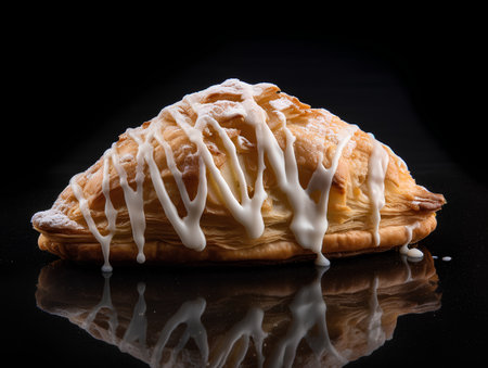 Tasty croissant with white glaze on a black backgroundの素材