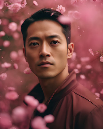 Portrait of a handsome young asian man standing among pink flowersの素材